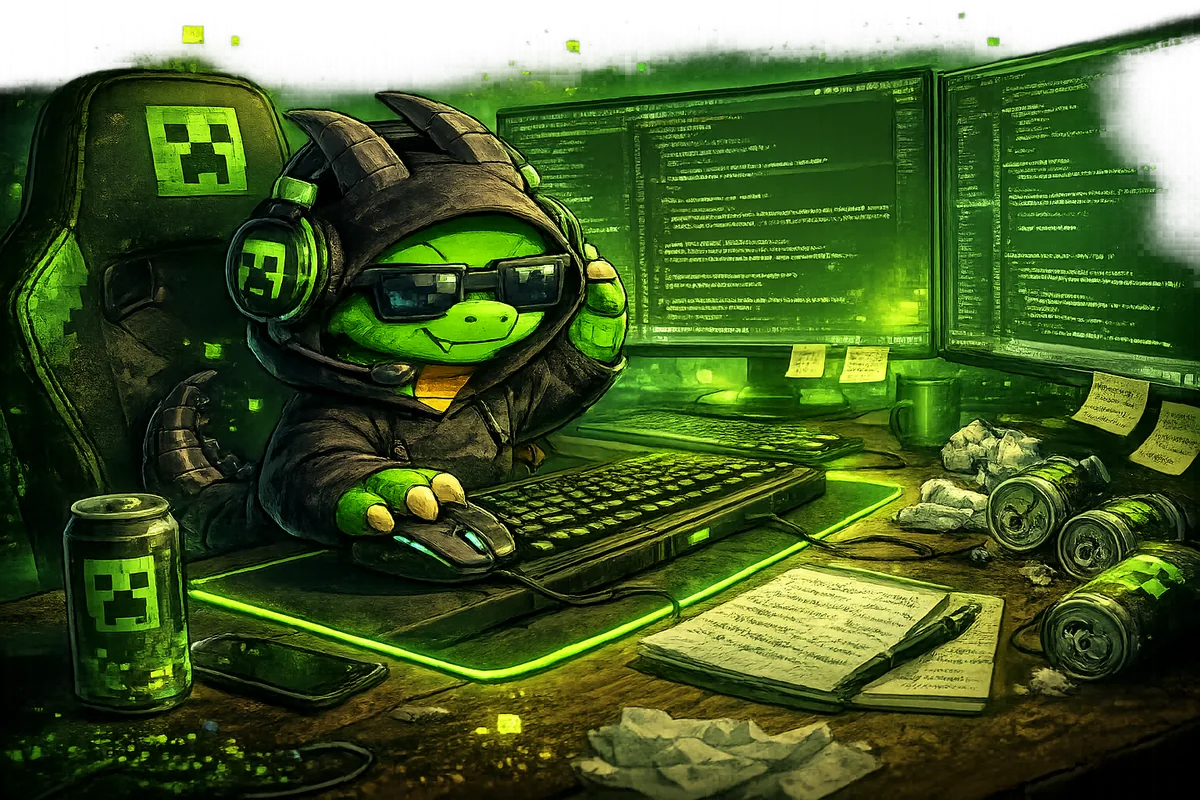 Der No-Risk-Inferno-Drache am Rechner – mit Headset, Energydrinks und Servercode auf den Bildschirmen